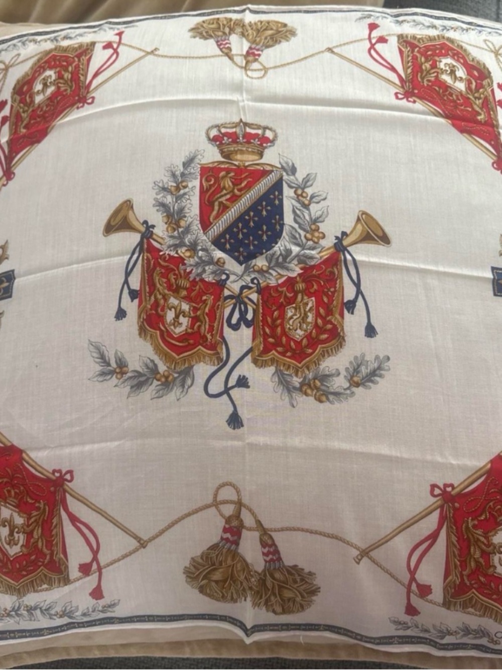 Celine Cream, Red, Blue and Gold Heraldic Scarf